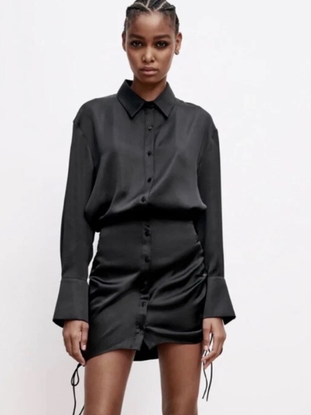 Zara Black Satin Button-Front Mini Dress